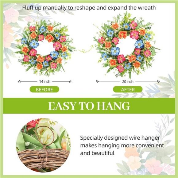 Summer Front Door Cosmos Flower Wreath, 20 Inch Spring Wreath Farmhouse Decor - Picture 5 of 7